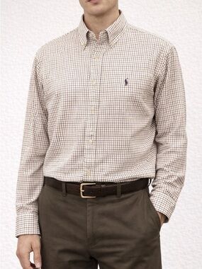 Ralph Lauren Custom Fit Plaid Button Front Shirt Cream Red Purple Pony Size XL